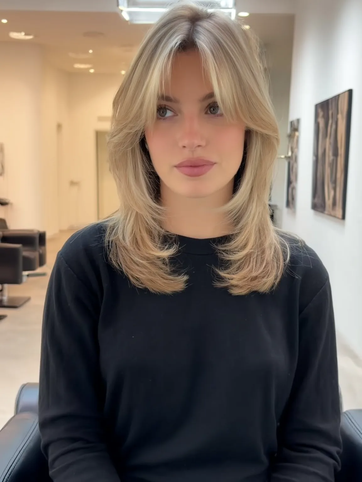Medium Face-Framing Layers in Soft Sandy Blonde with Curtain Bangs